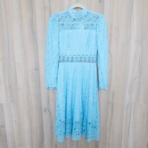 Lace Midi Dress M Blue Long‎ Sleeve Mock Neck Floral Cottage Victorian Romantic